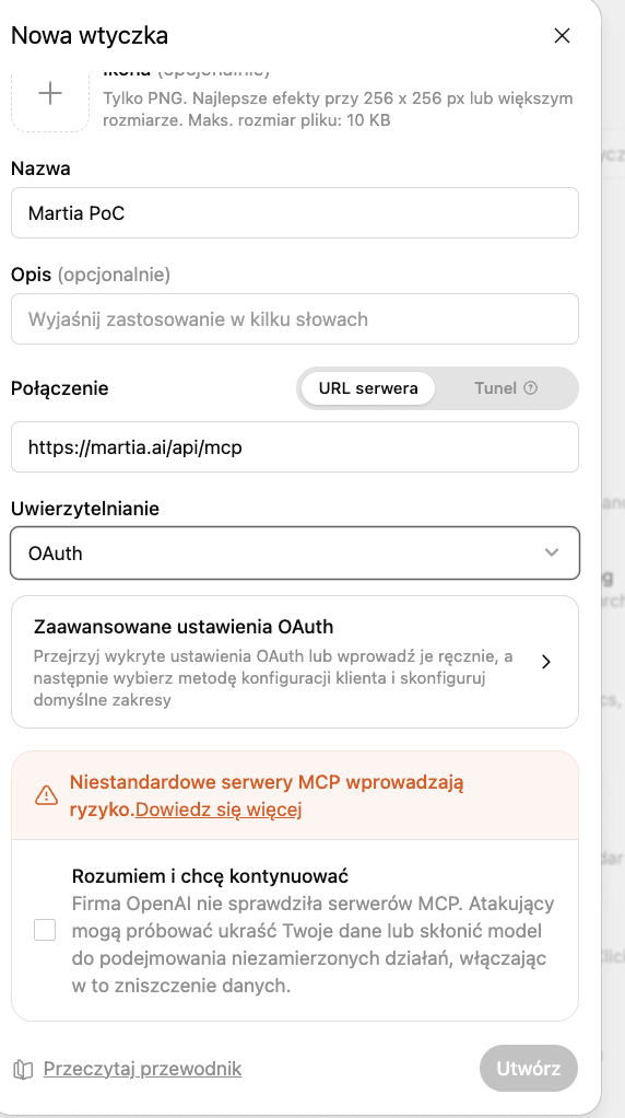 La finestra del nuovo plugin di ChatGPT con l'indirizzo del server di Martia e OAuth selezionato